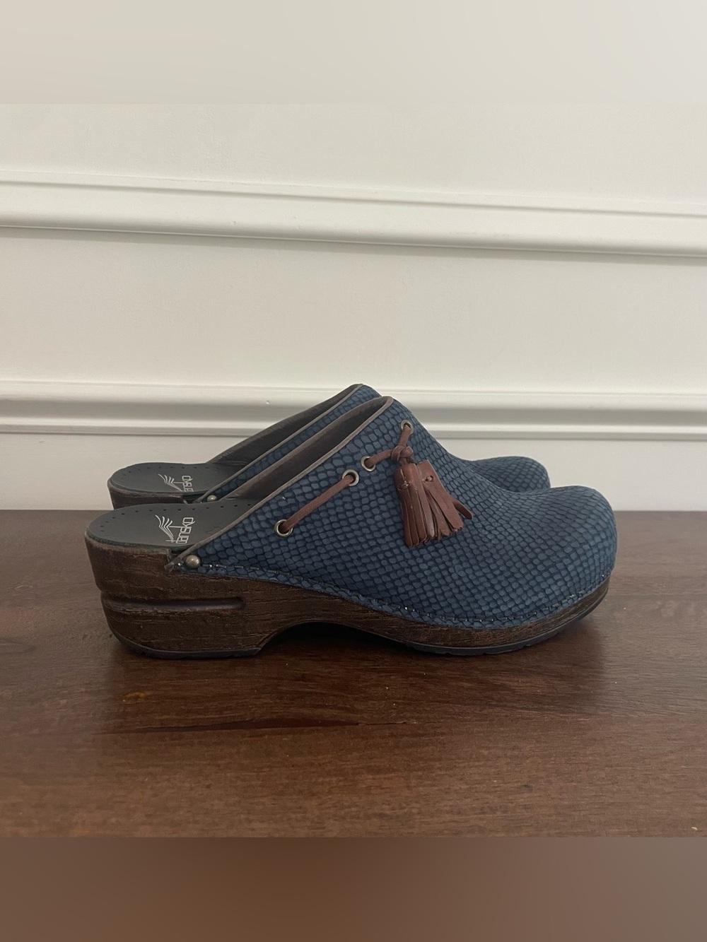 Dansko Women’s Shannon Blue Snake Embossed Nubuck Leather Clogs